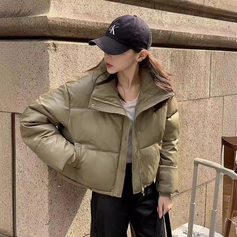 Veste courte en cuir PU d’hiver – petite veste matelassée en coton