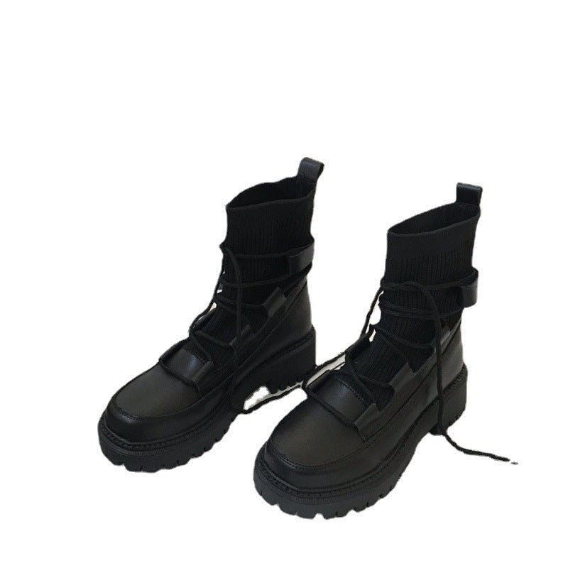 Mid-tube Platform Knit Lace-up Boots