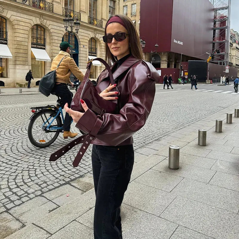 Veste en cuir à col large pour femme – Top court streetwear