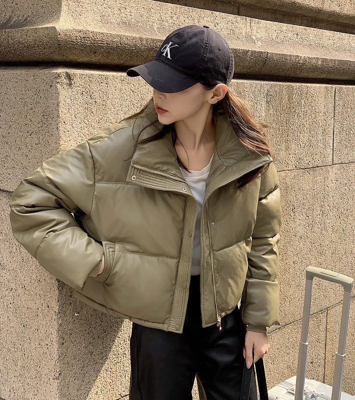 Veste courte en cuir PU d’hiver – petite veste matelassée en coton