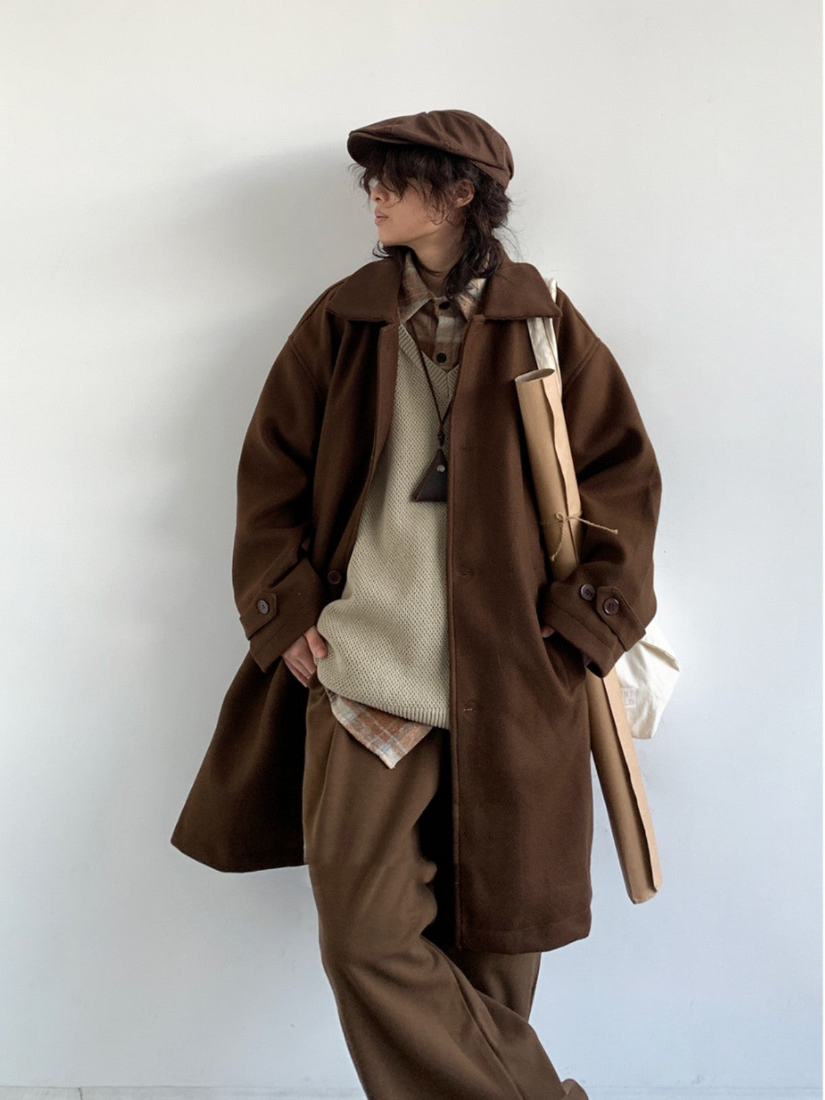 Manteau en laine marron style rétro japonais