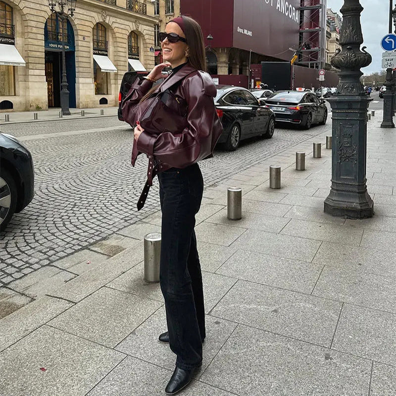 Veste en cuir à col large pour femme – Top court streetwear