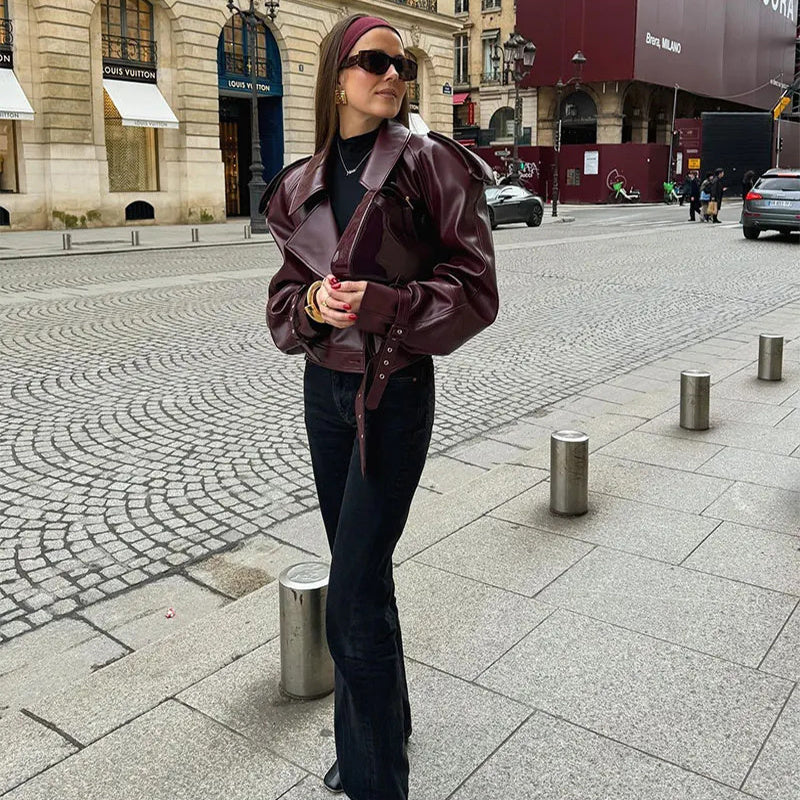 Veste en cuir à col large pour femme – Top court streetwear