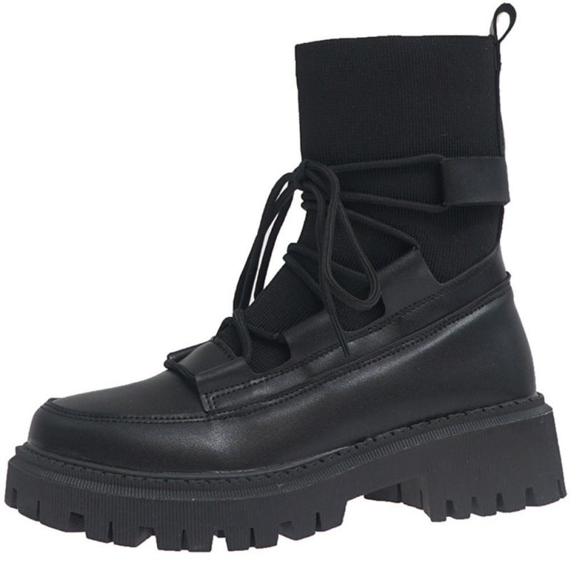 Mid-tube Platform Knit Lace-up Boots