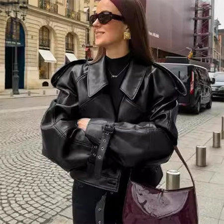 Veste en cuir à col large pour femme – Top court streetwear