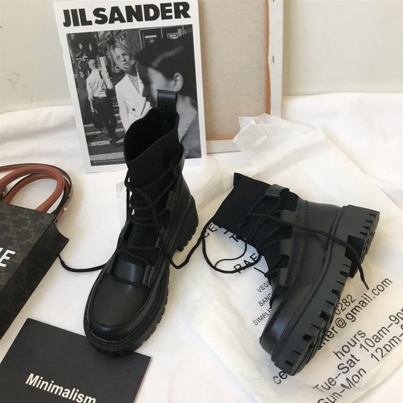 Mid-tube Platform Knit Lace-up Boots