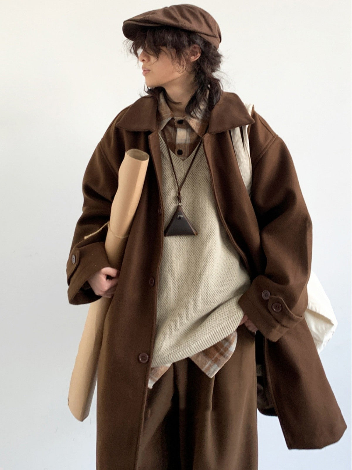 Manteau en laine marron style rétro japonais