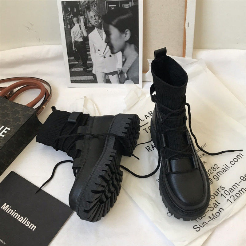 Mid-tube Platform Knit Lace-up Boots