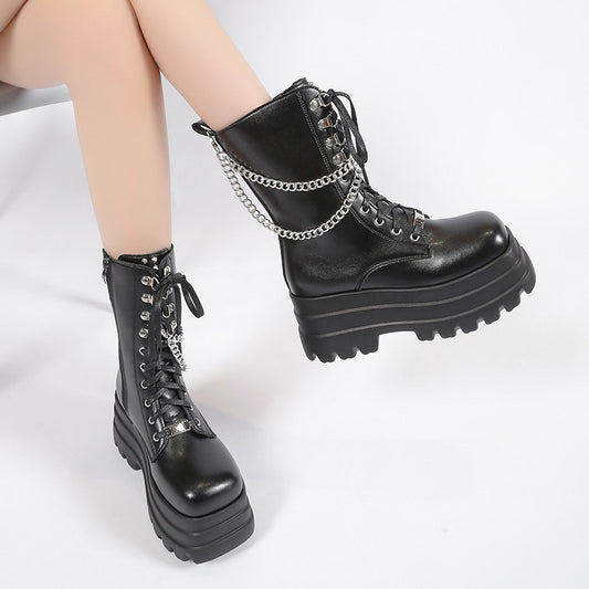 Bottes mi-mollet pour femmes avec semelle épaisse et chaîne décorative