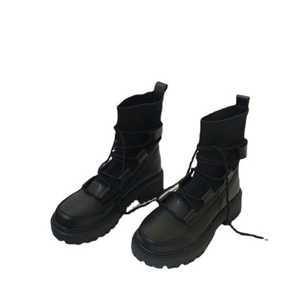 Mid-tube Platform Knit Lace-up Boots