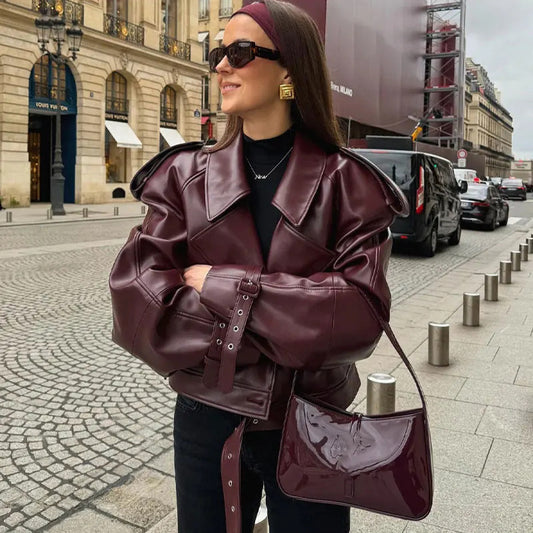 Veste en cuir à col large pour femme – Top court streetwear