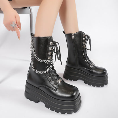 Bottes mi-mollet pour femmes avec semelle épaisse et chaîne décorative