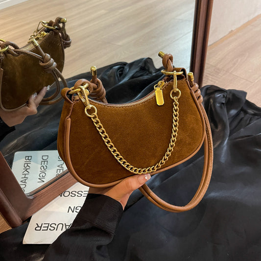 Sac à épaule vintage en daim avec chaîne dorée