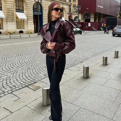 Veste en cuir à col large pour femme – Top court streetwear