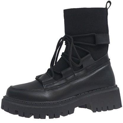 Mid-tube Platform Knit Lace-up Boots